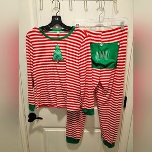 Womens Christmas Red & White Striped Pajamas w/Tree ☆Tag is XL but fits like L☆